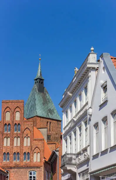 Historic facades and church tower in Molln, Germany