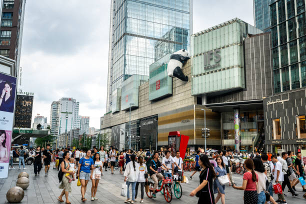 View of IFS shopping mall with giant panda statue in Chunxi road district of Chengdu Sichuan China Chengdu Sichuan China, 3 August 2019 : View of IFS shopping mall with giant panda statue in Chunxi road district of Chengdu Sichuan China what-if-concept stock pictures, royalty-free photos & images