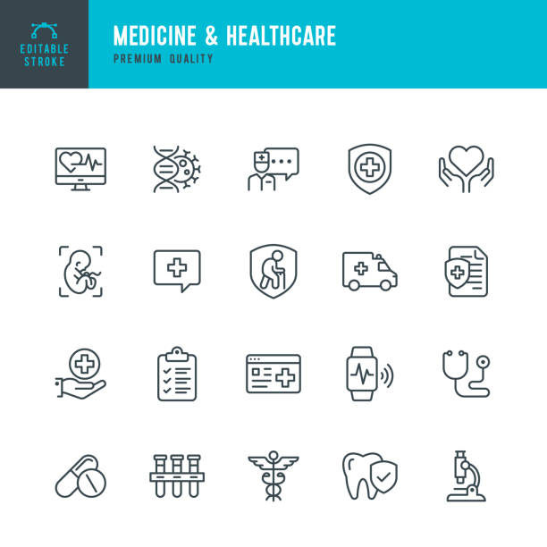 Medicine & Healthcare - vector line icon set. Editable Stroke. Perfect Pixels. Medicine, Insurance, Pregnancy, Ambulance car, Caduceus, Medicine & Healthcare - vector line icon set. Medicine, Healthcare, Insurance, First aid, Pregnancy, Ambulance car, Smart watch, Caduceus, health screening stock illustrations