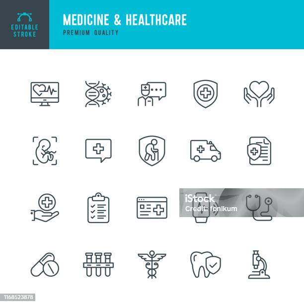 Medicine Healthcare Vector Line Icon Set Editable Stroke Perfect Pixels Medicine Insurance Pregnancy Ambulance Car Caduceus Stock Illustration - Download Image Now
