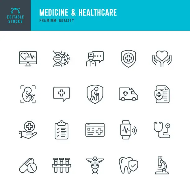 Vector illustration of Medicine & Healthcare - vector line icon set. Editable Stroke. Perfect Pixels. Medicine, Insurance, Pregnancy, Ambulance car, Caduceus,