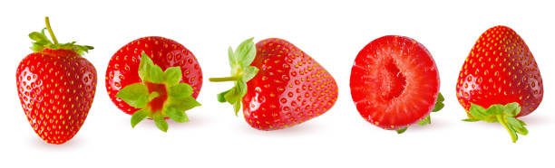 istock Macro isolated strawberry on a white background in different positions. Retouched strawberry on white background. 1168526681