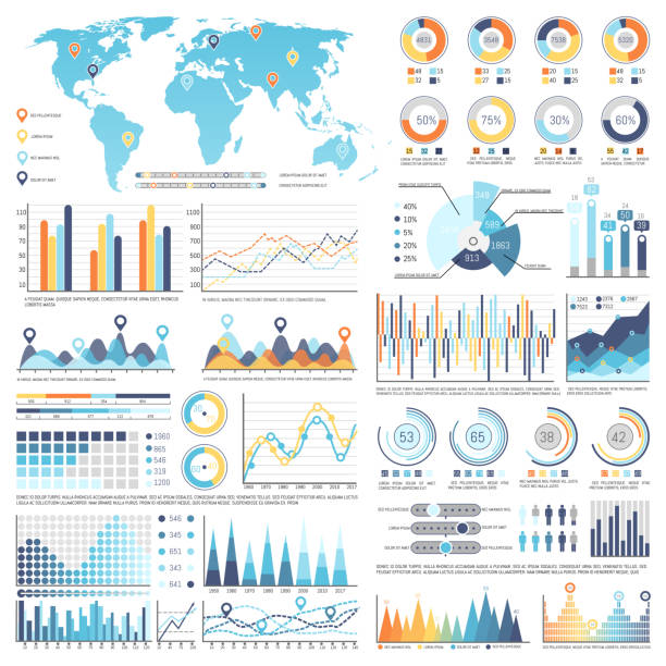 Collection of Infographics Isolated Illustration Collection of various types of infographics and charts along with blue template of world map isolated vector illustration on white background infographic vector stock illustrations