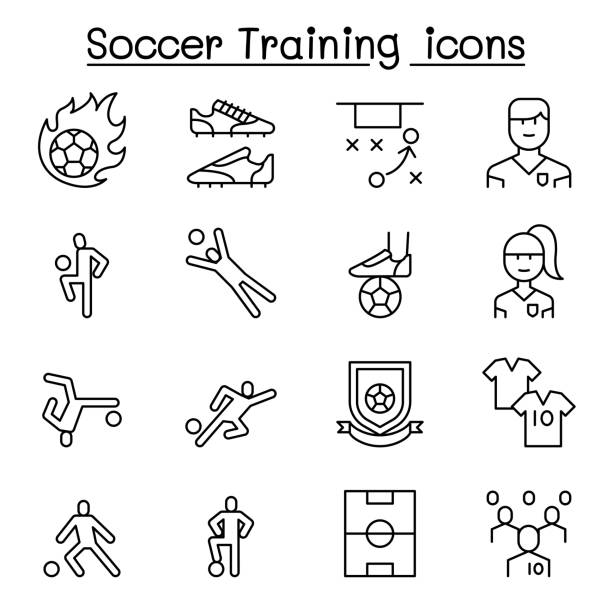 Soccer training, football club icon set in thin line style Soccer training, football club icon set in thin line style midfielder stock illustrations