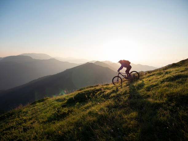 mountainbiker fährt bergab - recreational pursuit mountain biking nature outdoors stock-fotos und bilder