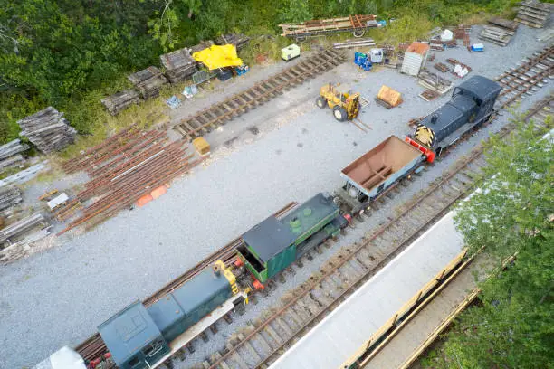 Steam engine victorian train station on vintage railway aerial view from above uk