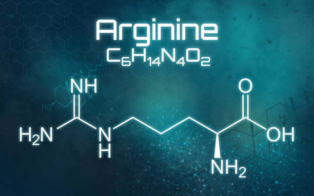 formula chimica dell'arginina su uno sfondo futuristico - arginine foto e immagini stock