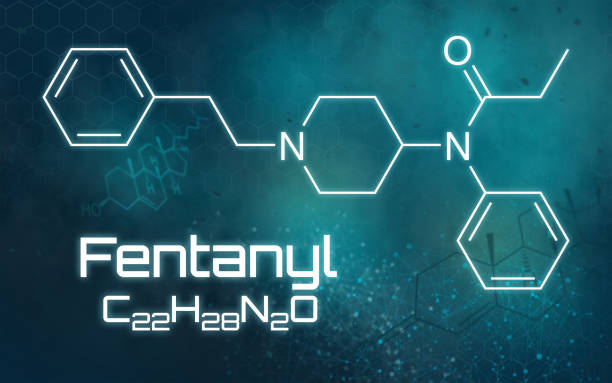 fórmula química de fentanilo sobre un fondo futurista - fentanyl fotografías e imágenes de stock