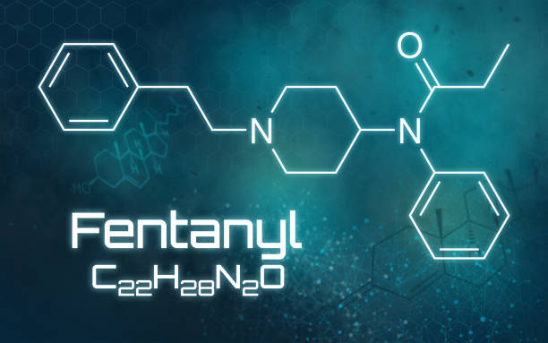 fórmula química de fentanyl em um fundo futurista - molecular structure fotos - fotografias e filmes do acervo