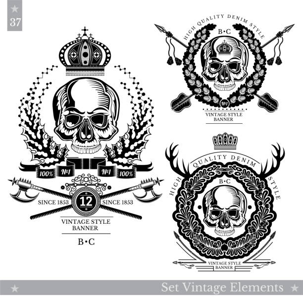 ilustrações de stock, clip art, desenhos animados e ícones de skull front view without a lower jaw in the center of floral wreath with vintage weapon. set of vintage banners on white - halberd