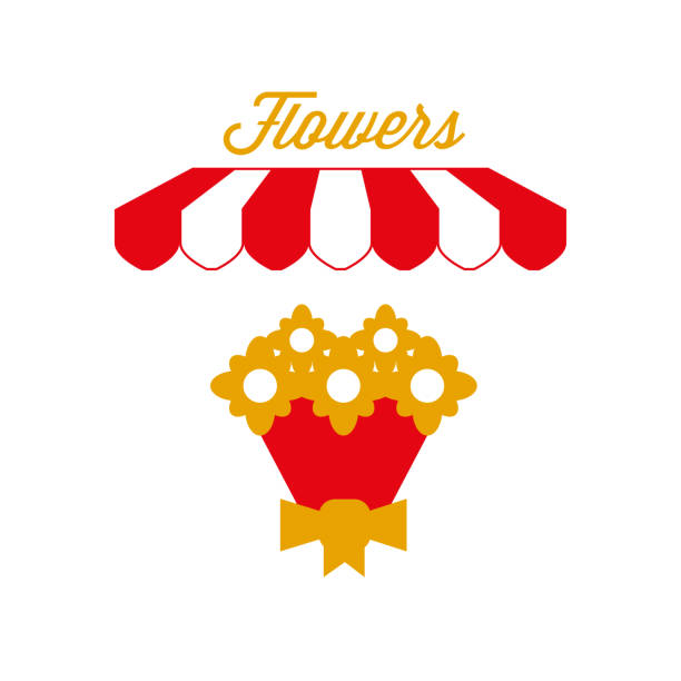 illustrations, cliparts, dessins animés et icônes de signe de magasin de fleur, emblème. tente d'auvent rayée rouge et blanche. illustration de vecteur - store flower bouquet florist