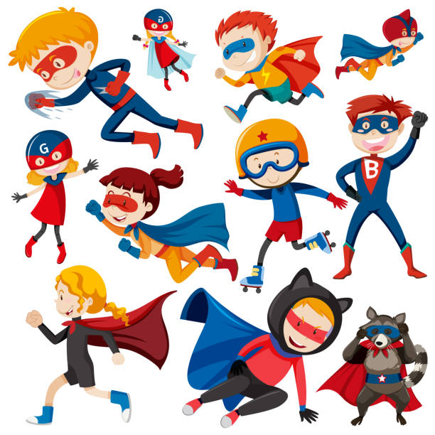 ilustrações de stock, clip art, desenhos animados e ícones de superheroes in blue and red outfit - boyhood