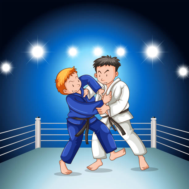 ilustrações, clipart, desenhos animados e ícones de dois meninos que lutam o judo que wrestling na competição do esporte - martial arts child judo computer graphic