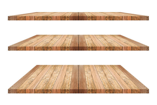 istock Set of brown wood shelves on isolated white background. Objects with clipping path for design work and decoration 1168541608