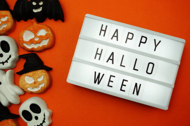 istock Top view Happy Halloween word in Light box flat lay 1168543008