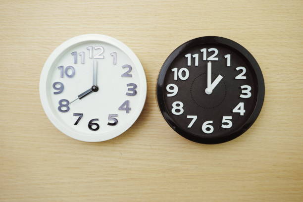istock Top view of alarm clocks with different time Flat lay composition 1168543046