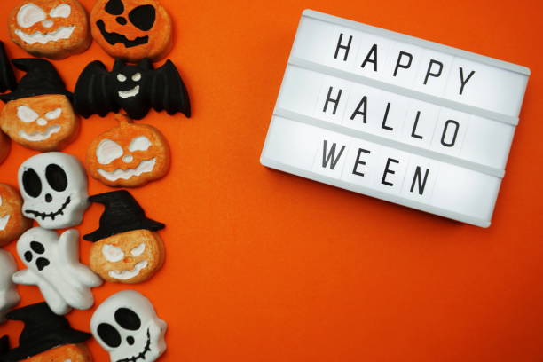 istock Top view Happy Halloween word in Light box flat lay 1168543676