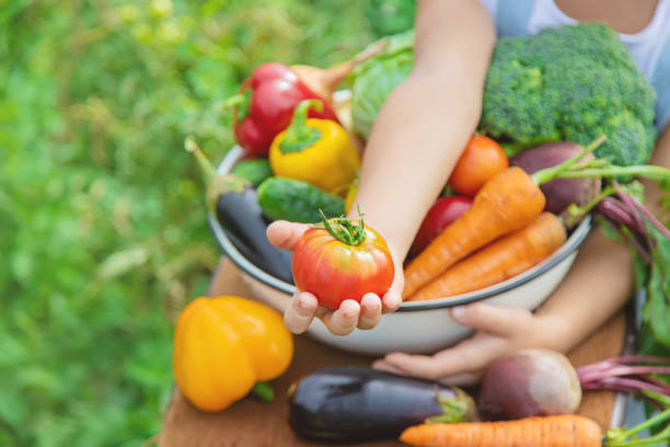 istock Child in the garden with vegetables in his hands. Selective focus. 1168543791