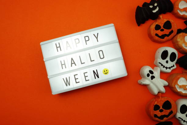 istock Top view Happy Halloween word in Light box flat lay 1168543816