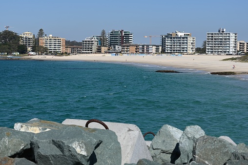 Forster, New South Wales / Australia - August 15, 2019: High rise apartments on the foreshore of Town Beach Forster