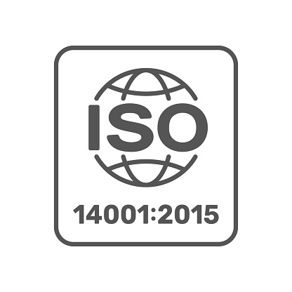 ISO 14001:2015 certified symbol. ISO 14001 2015 certified quality management sign. Editable Stroke. EPS 10.