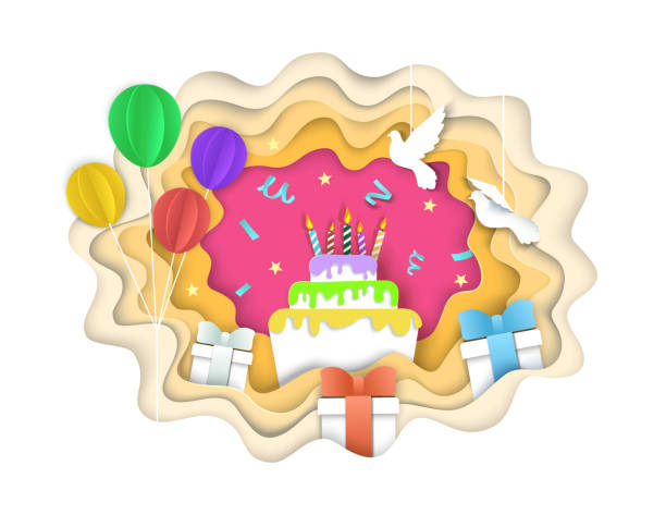 Birthday cake with candles, balloons, gift boxes and doves, vector illustration in paper art modern craft style. Happy birthday composition for greeting card, invitation, poster, banner etc.
