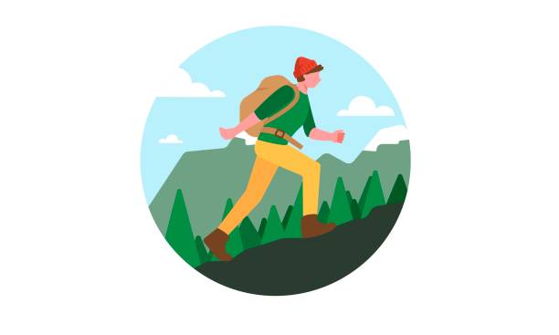 Wanderlust traveler tourist vector illustration. Wanderlust traveler tourist vector illustration. Flat character - young hipster man hiking in the mountains, wearing beanie hat and tourist backpack. Active lifestyle, adventures, vacations concept man mountain climbing stock illustrations