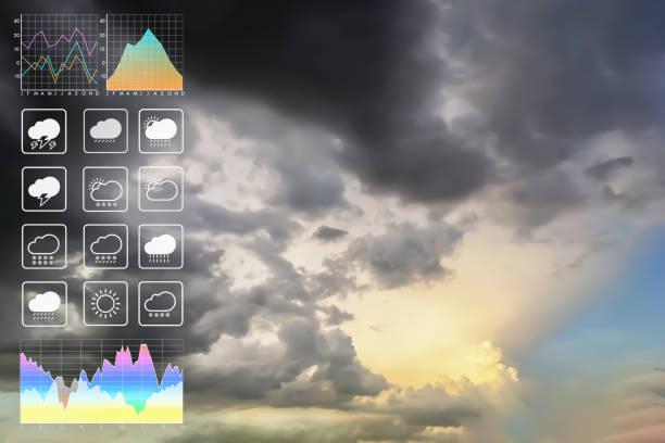 istock Weather forecast symbol data presentation with graph and chart on tropical storm background. Dramatic atmosphere panorama view of storm clouds and heavy rain storm on twilight tropical sky. 1168548696