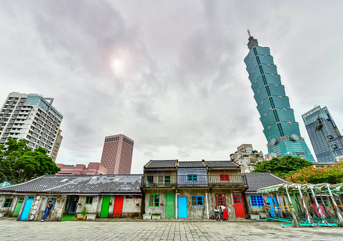 Taipei, Taiwan - November 20, 2018: View of Taipei 101 from Si-Si Nan Cun Village, It is old village Originally a housing complex for soldiers in the Kuomintang army after the relocation to Taiwan