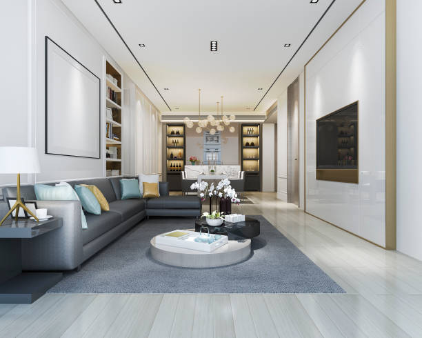 istock 3d rendering loft luxury living room with bookshelf and dining room 1168551828