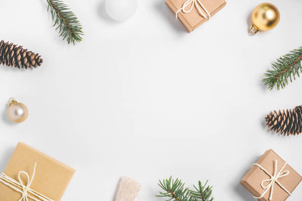 istock Frame of Christmas decorations on white background 1168558886