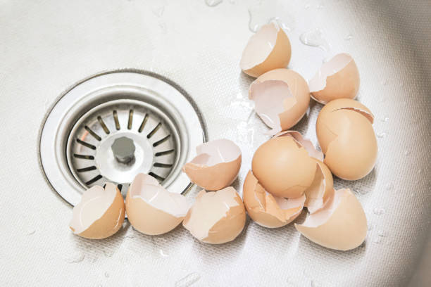 Broken eggshell from a few eggs in the kitchen sink, a plate with a fork and spoon Broken eggshell from a few eggs in the kitchen sink. Cooking egg omelet for morning breakfast. Halved eggs after cooking scrambled eggs. eggshell stock pictures, royalty-free photos & images