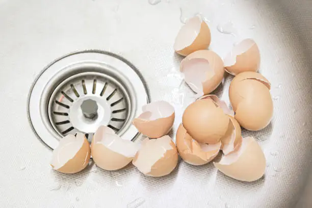 Broken eggshell from a few eggs in the kitchen sink. Cooking egg omelet for morning breakfast. Halved eggs after cooking scrambled eggs.