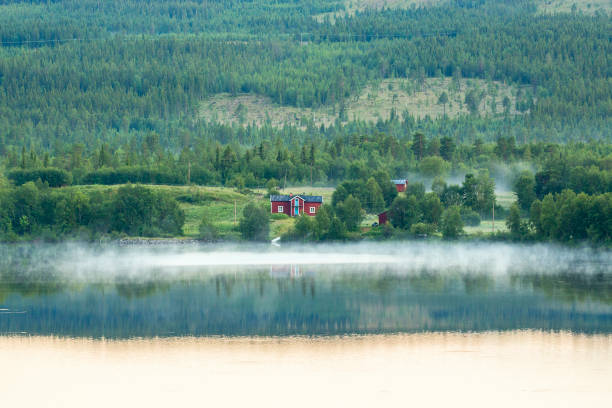 霧のある湖畔の古いコテージ - scandinavian lake cottage house ストックフォトと画像