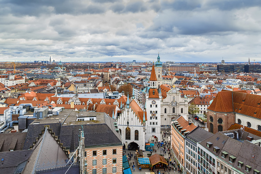 Aerial view of St Peter's Church gothic cathedral, Munich, Bavaria