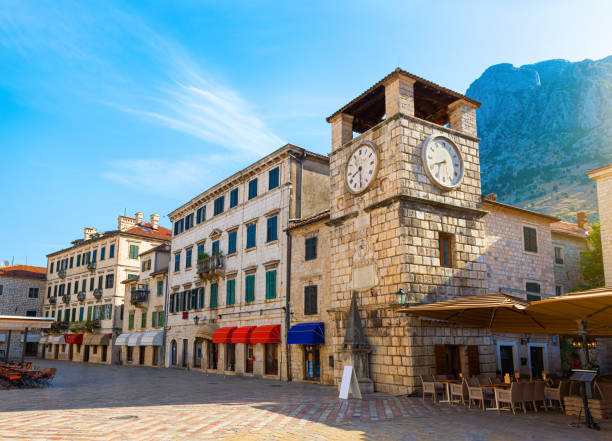 Clock Tower of Kotor Clock Tower inside the old town of Kotor in Montenegro kotor montenegro stock pictures, royalty-free photos & images