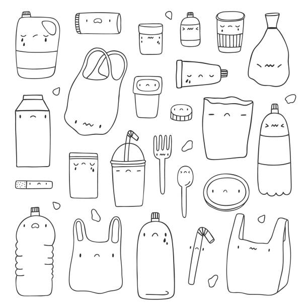 Black and White hand drawn set of Plastic Objects. Reuse Reduce Recycle vector collection. Cute sad plastic characters in cartoon style. background of the sad face black and white stock illustrations