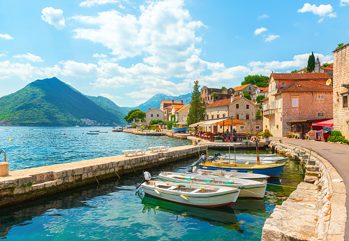 Historic town of Perast at Bay of Kotor in summer, Montenegro