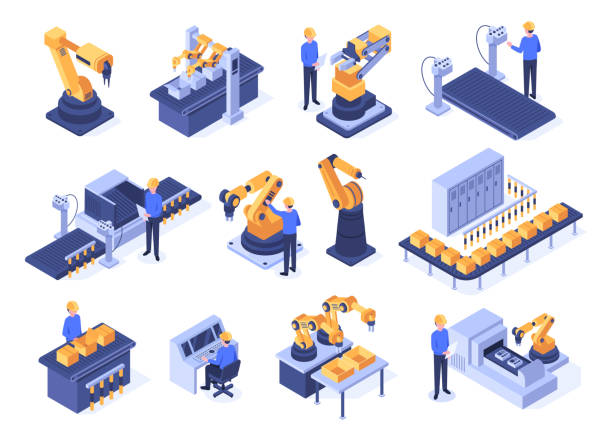 Isometric industrial robots. Assembly line machines, robotic arms with engineer workers and manufacturing technologies 3d vector set Isometric industrial robots. Assembly line machines, robotic arms with engineer workers and manufacturing technologies. Mechanic industry factory scanner. Isolated 3d vector icons set plant stock illustrations