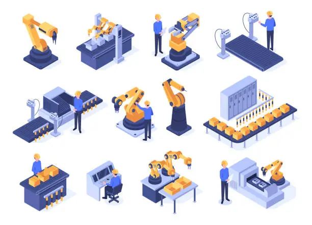 Vector illustration of Isometric industrial robots. Assembly line machines, robotic arms with engineer workers and manufacturing technologies 3d vector set