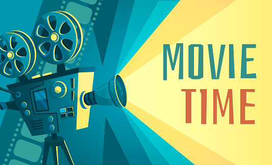 Movie time poster. Vintage cinema film projector, home movie theater and retro camera. Cinematography entertainment equipment, movies production festival banner vector illustration