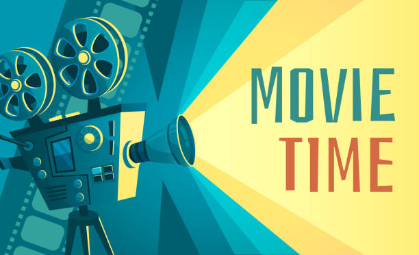 Movie time poster. Vintage cinema film projector, home movie theater and retro camera vector illustration Movie time poster. Vintage cinema film projector, home movie theater and retro camera. Cinematography entertainment equipment, movies production festival banner vector illustration film poster stock illustrations