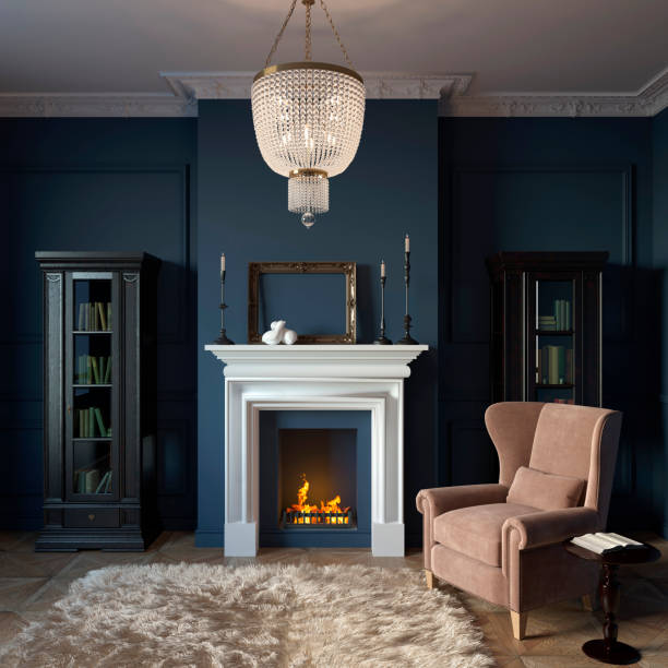 Private cabinet in classic style with fireplace and library 3d illustration. Private cabinet in classic style with fireplace and library fireplace and armchair stock pictures, royalty-free photos & images