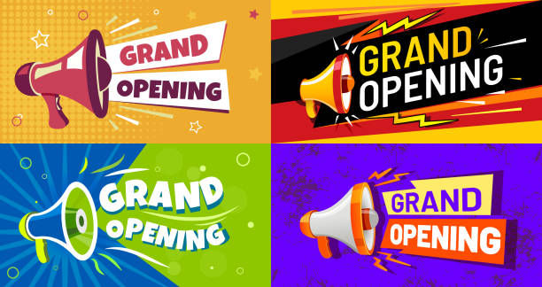 Grand opening banners. Invitation card with megaphone speaker, opened event and opening celebration advertising flyer vector set Grand opening banners. Invitation card with megaphone speaker, opened event and opening celebration advertising flyer. Premium invitations to store open ceremony, announcement card vector set megaphone announcement stock illustrations