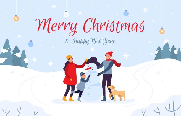 雪だるまホリデーカードを作る家族。メリークリスマスとハッピーニューイヤー、2020年冬休みベクトルイラスト - animal dog winter snow点のイラスト素材／クリップアート素材／マンガ素材／アイコン素材