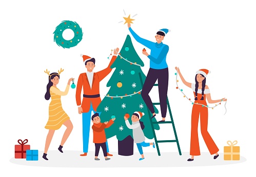 Happy people decorating christmas tree. Family preparing for New Year, 2020 xmas holiday party. People decorate home, holiday house celebration greeting postcard vector illustration