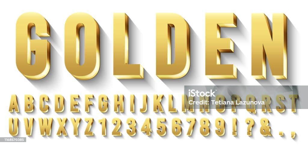 Goldene 3D-Schriftart. Metallische Gold Buchstaben, Luxus-Schrift und Gold Alphabet mit Schatten Vektor-Set - Lizenzfrei Gold - Edelmetall Vektorgrafik