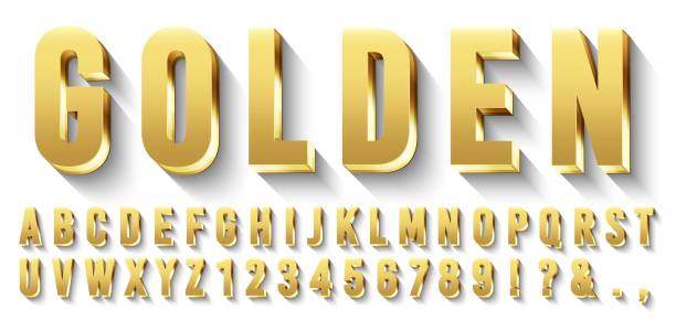 ilustraciones, imágenes clip art, dibujos animados e iconos de stock de fuente golden 3d. letras de oro metálico, tipo de letra de lujo y alfabeto dorado con conjunto vectorial de sombras - capital letter