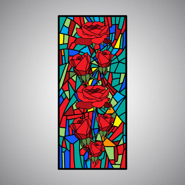 stained glass Red rose stained glass decorative pattern colored mosaic temple decor stock illustrations