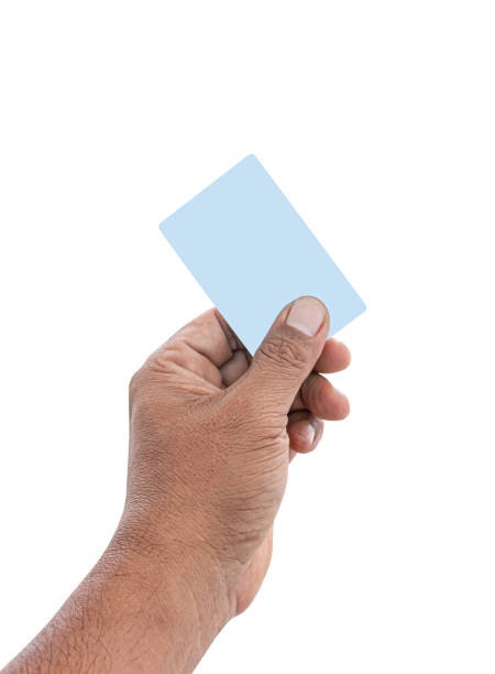 istock hand left to hold blue credit card, blank paper  on white background 1168579254